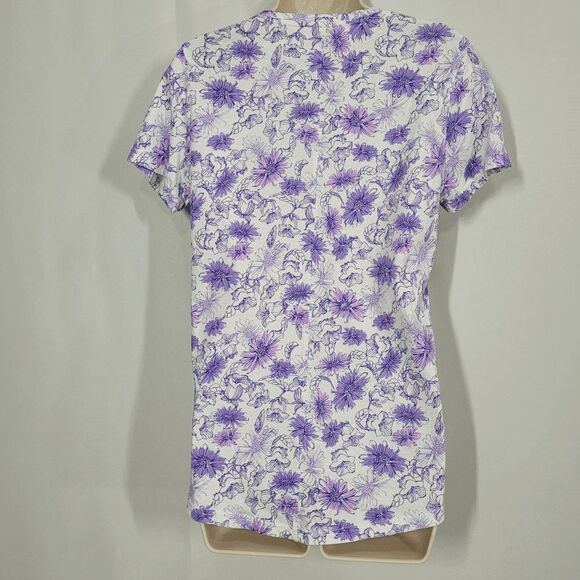 Duluth White V-neck Short Sleeve T-shirt with Allover Purple Floral Print Small - Picture 4 of 4